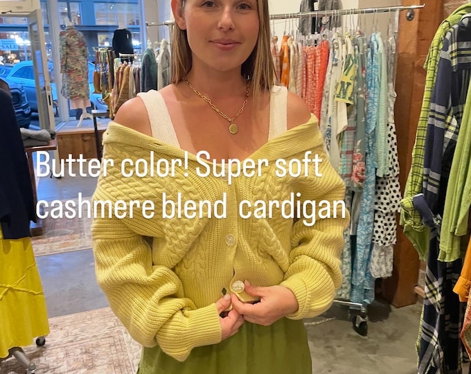 Butter yellow cardigan classic sweater in super soft wool viscouse blend