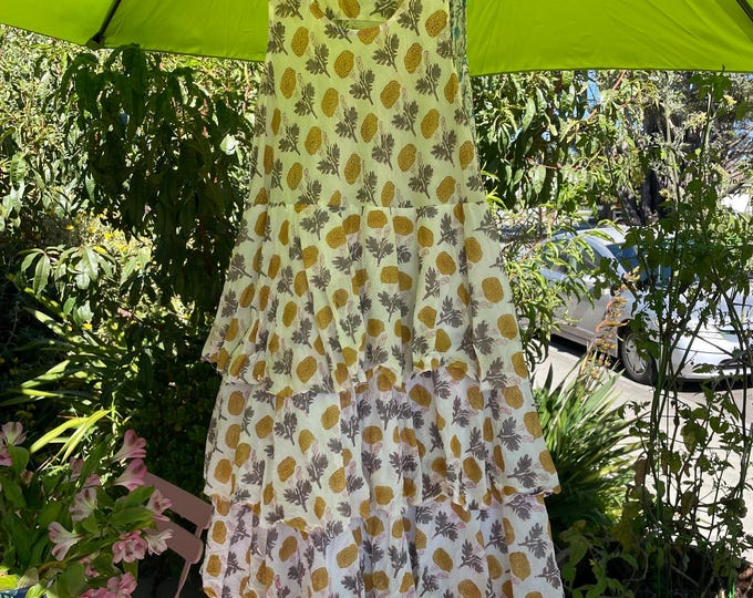 Mixed print cotton layered fru frou frock in golden mix