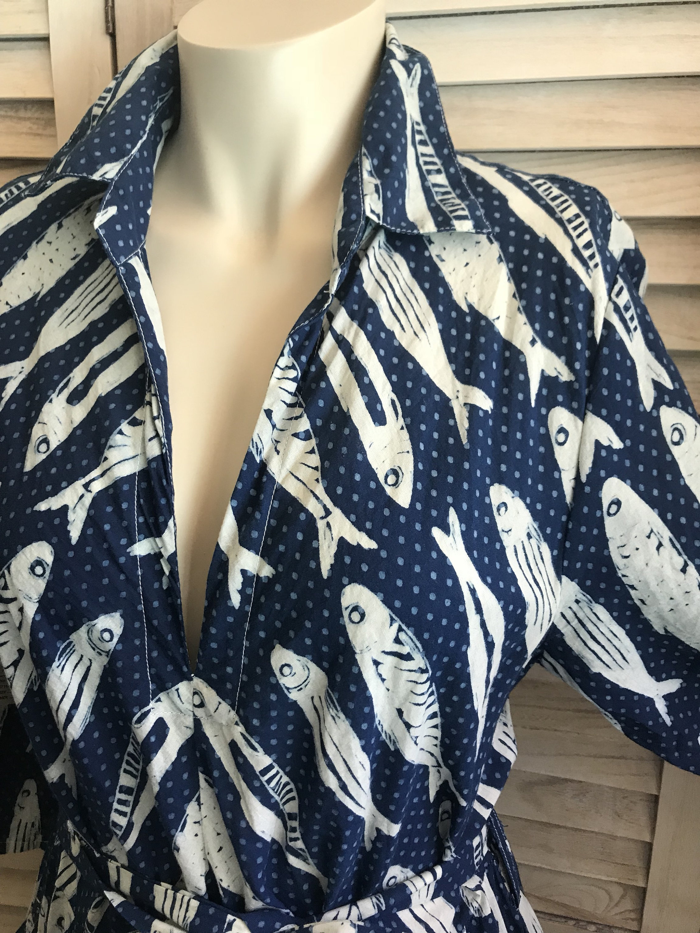 Indigo fish print cotton dress