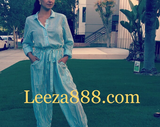 Turquoise stripe block print cotton voile jumpsuit