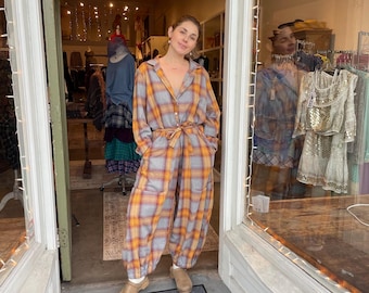 Flannel cotton  /plaid jumpsuit in one size