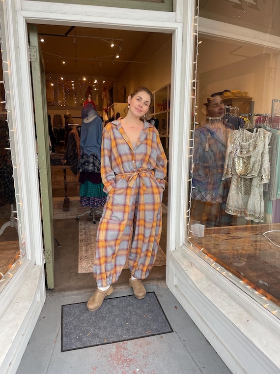 Flannel cotton  /plaid jumpsuit in one size