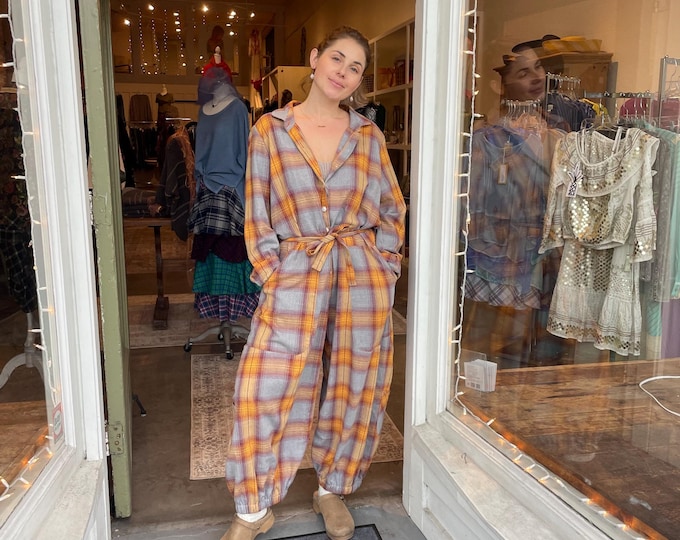 Flannel cotton  /plaid jumpsuit in one size