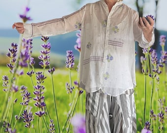 Classic button down placate  fine hand loomed sheer organic cotton voile