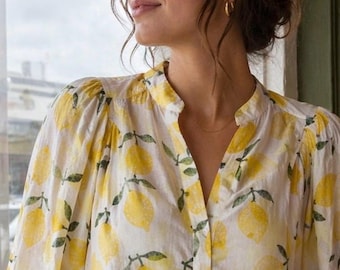 Alice shirt in cotton voile lemon blockprint
