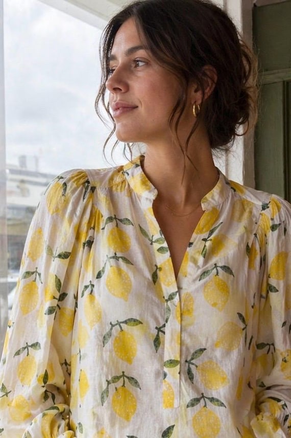 Alice shirt in cotton voile lemon blockprint