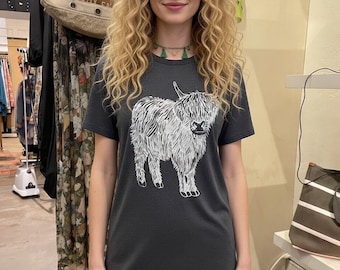 Grey with white print Highland cow Tee