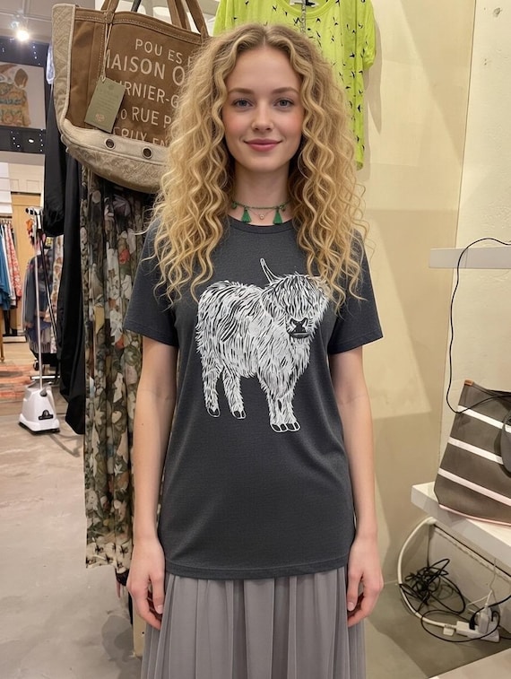 Grey with white print Highland cow Tee