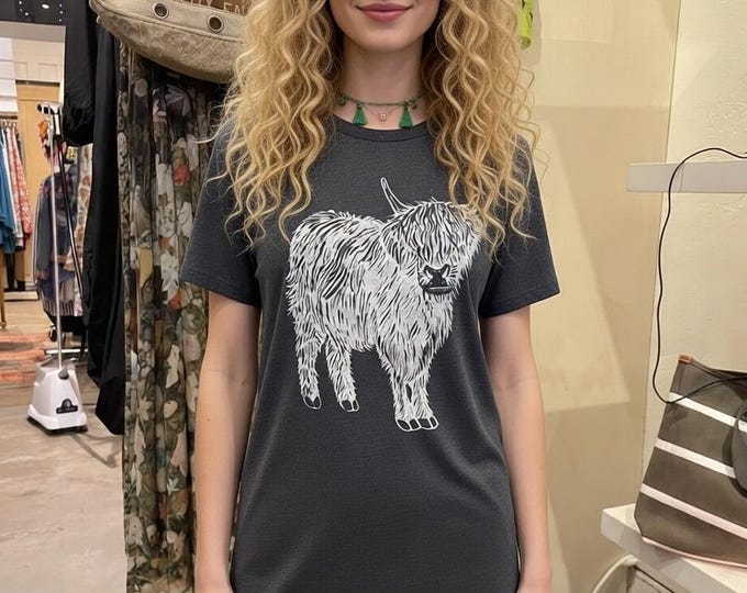 Grey with white print Highland cow Tee