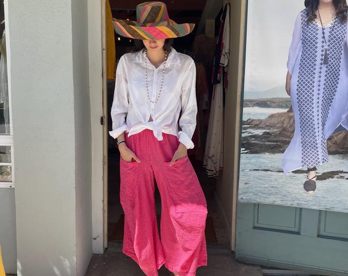 Fuchsia and pink stripe  soft  seersucker cotton lagenlook pant