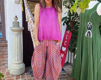 Multi color  stripe  soft  seersucker cotton lagenlook pant
