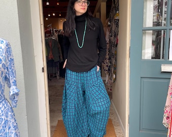 Turquoise textured plaid soft  cotton lagenlook pant