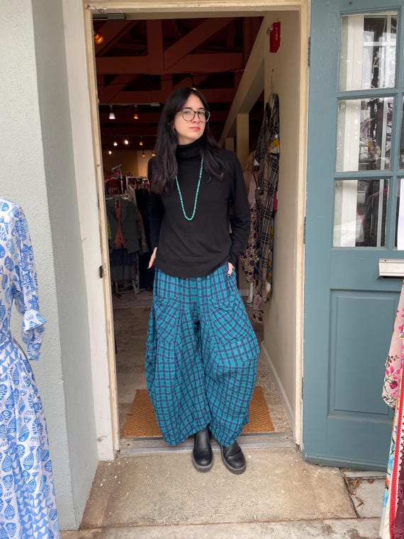 Turquoise textured plaid soft  cotton lagenlook pant