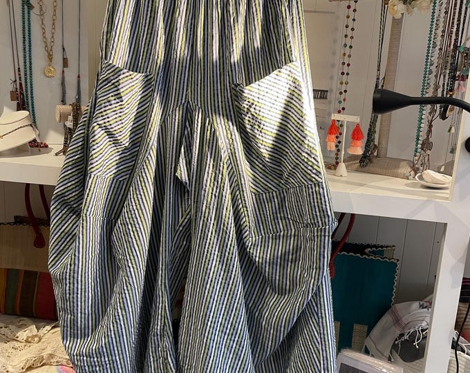 Seersucker blue and green stripe  cotton lagenlook pant