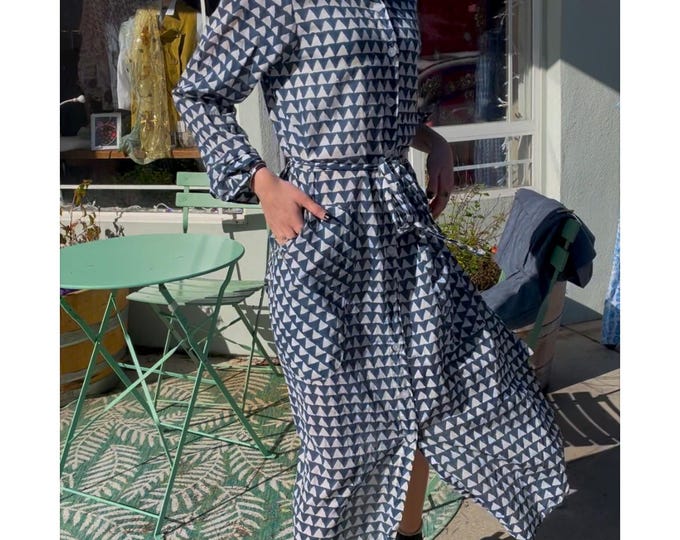 Blue geometric block print cotton voile button down shirtdress/duster