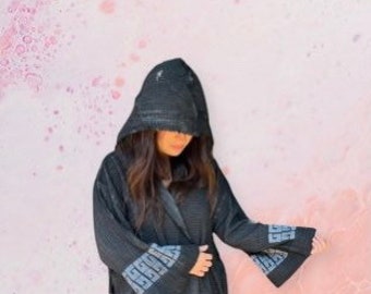 Stunning organic crinkle cotton charcoal hoodie kimono with raw edges and block print trim