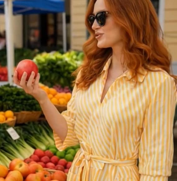 V neck 8 gore long dress in yellow stripe with pockets