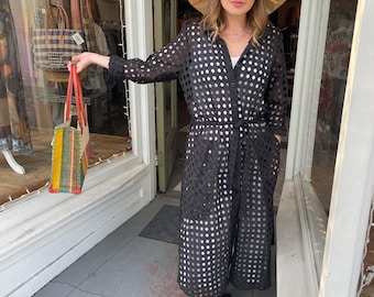 Black eyelet cotton  button down shirtdress/duster