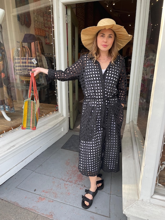 Black eyelet cotton  button down shirtdress/duster