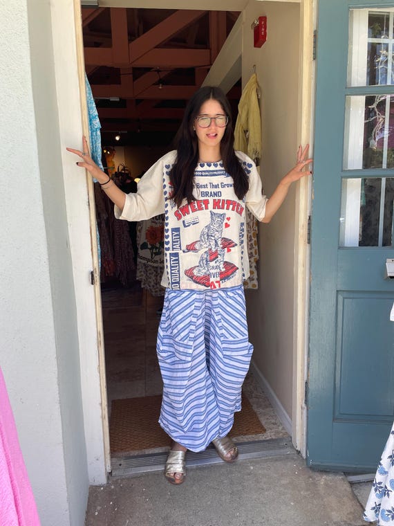 Blue and white  stripe   cotton lagenlook pant