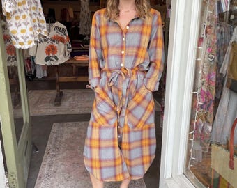 Plaid double face  cotton flannel button down shirtdress/duster