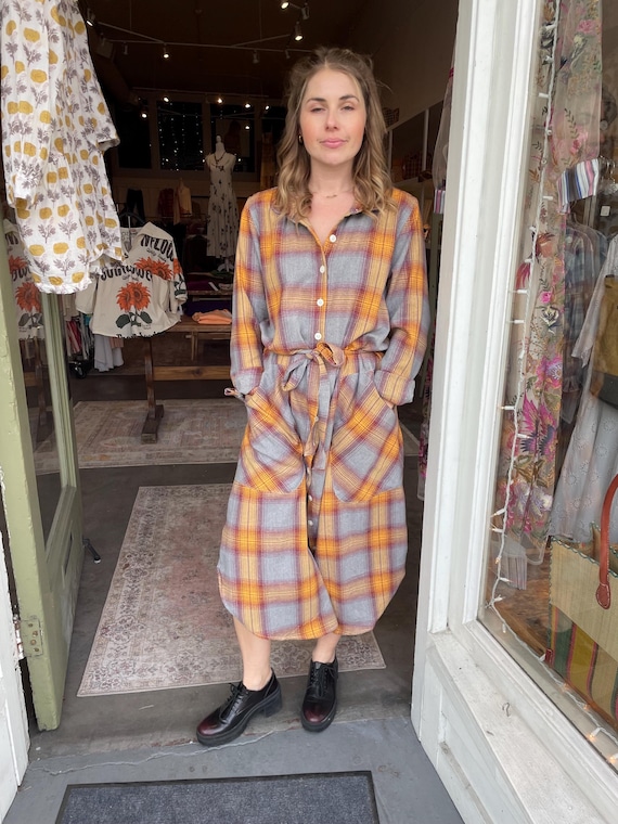 Plaid double face  cotton flannel button down shirtdress/duster