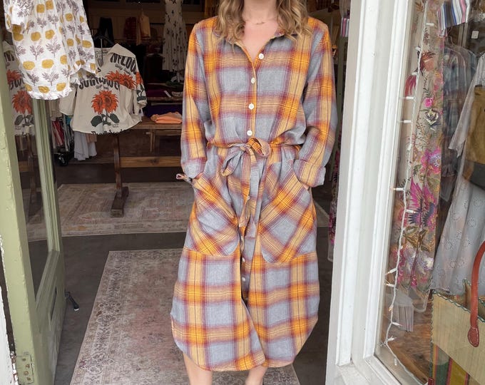 Plaid double face  cotton flannel button down shirtdress/duster
