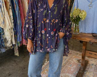 Embroidered navy silk oversized button down
