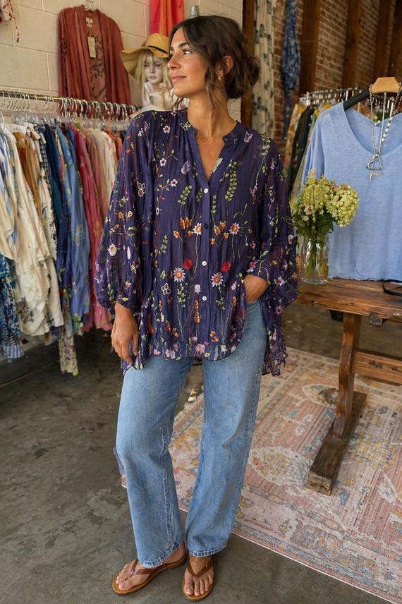 Embroidered navy silk oversized button down