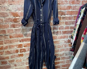 Navy textured striped cotton jumpsuit