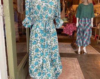 Long sleeve blue and green  floral  blockprint funky dress