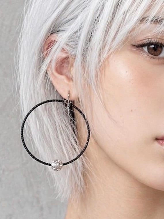 Crystal black and silver  hoop earrings