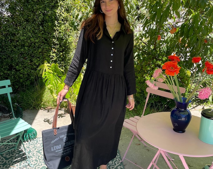 Black linen dress with pockets