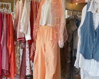 Tangerine pink and yellow gingham   soft  seersucker cotton lagenlook pant
