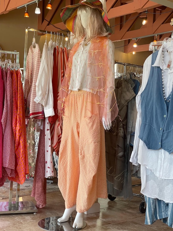 Tangerine pink and yellow gingham   soft  seersucker cotton lagenlook pant