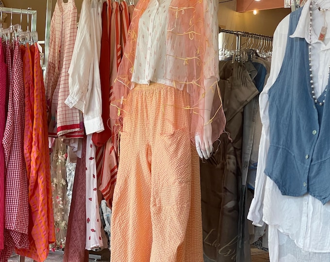 Tangerine pink and yellow gingham   soft  seersucker cotton lagenlook pant