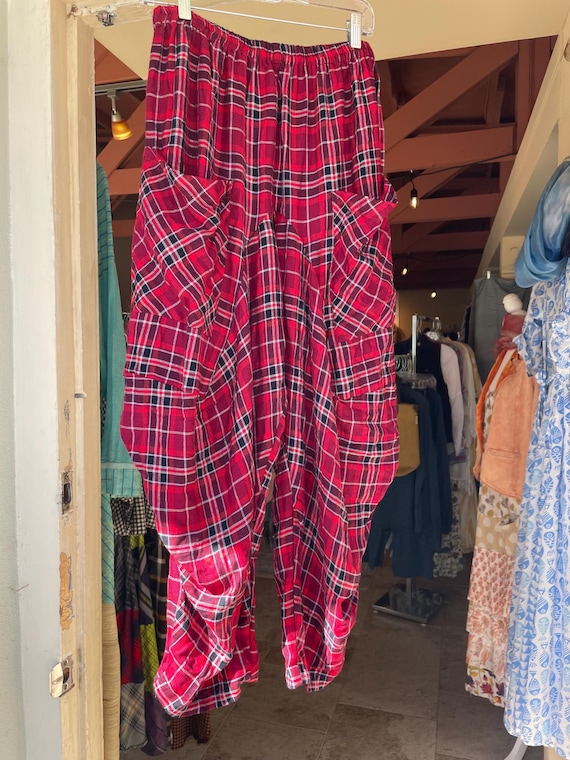 Bicycle pant in flannel red and black cotton punk rock  Plaid with lurex sparkle