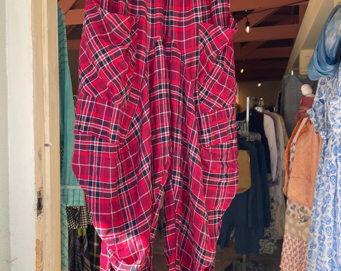 Bicycle pant in flannel red and black cotton punk rock  Plaid with lurex sparkle