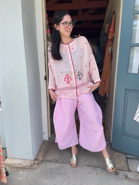 pink stripe  soft  seersucker cotton lagenlook pant