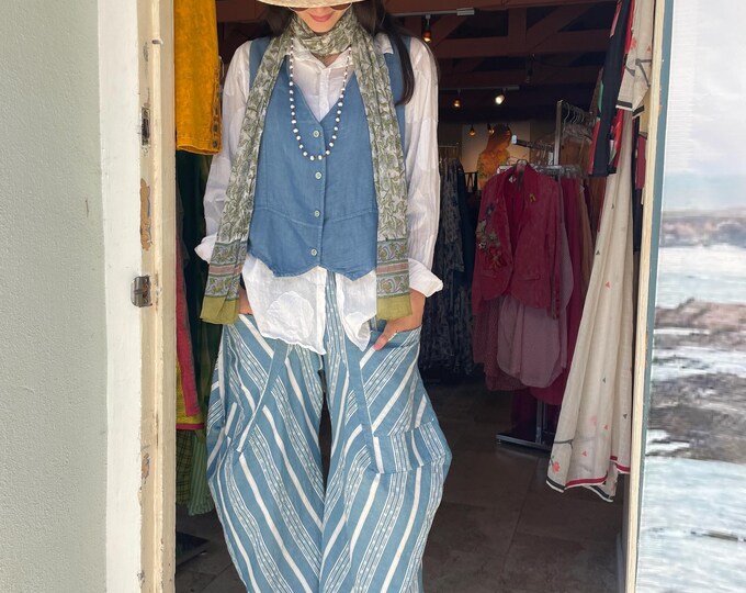 Denim blue and white textured cotton lagenlook pant