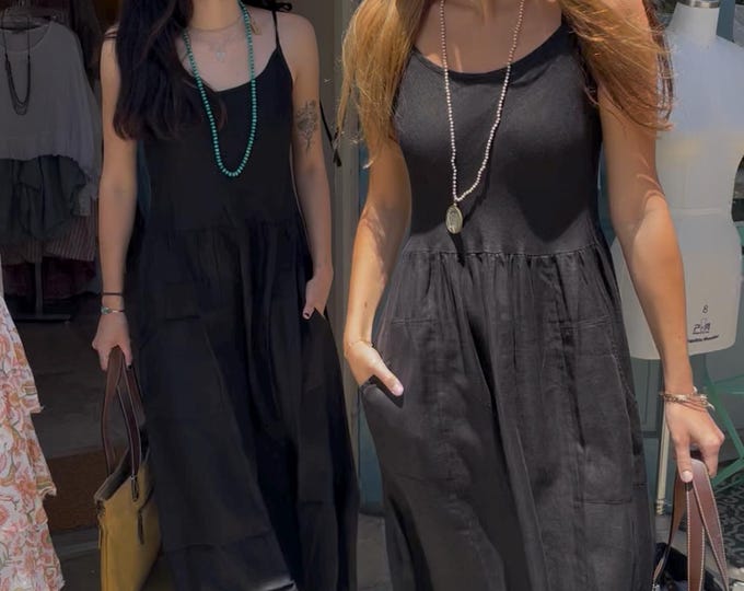 Black linen dress with pockets