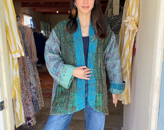 The jade surprise silk kantha plus size reversible kimono jacket