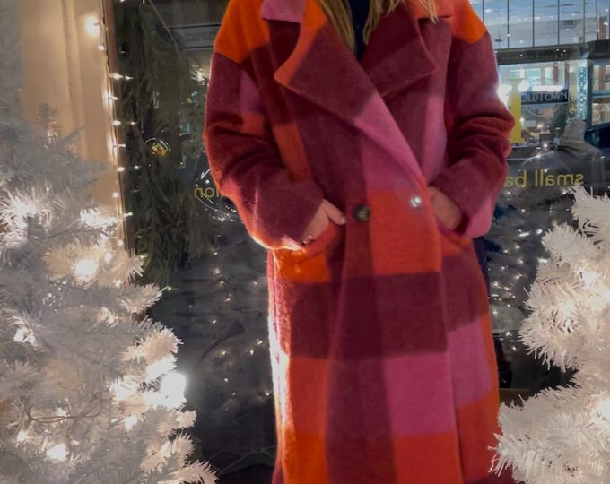 Pink and orange wool plaid coat in one size