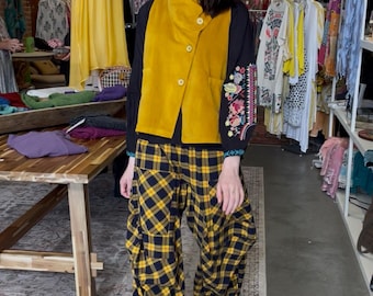 Gold and navy plaid heavy cotton lagenlook pant