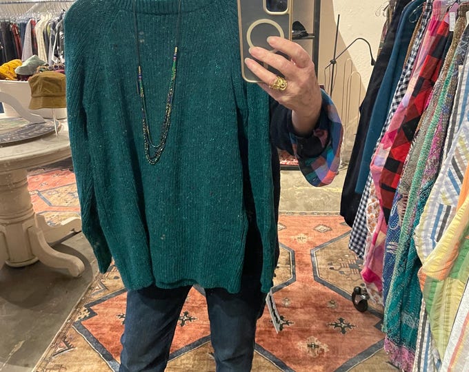 Hand knit  jade teal classic crew neck pullover sweater