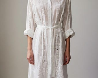 White eyelet cotton  button down shirtdress/duster
