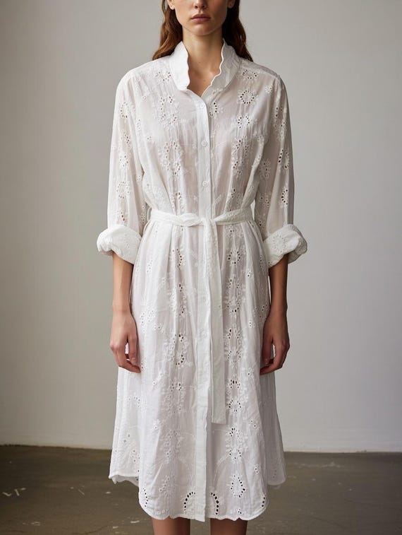 White eyelet cotton  button down shirtdress/duster
