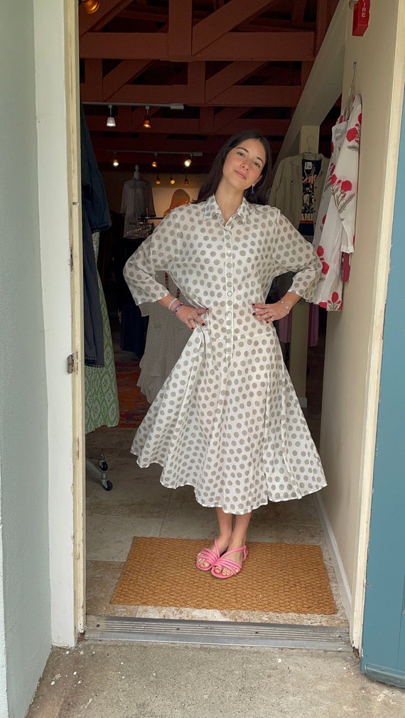 The Housedress! Grey polka dot  block print cotton simple uncomplicated housedress with pockets