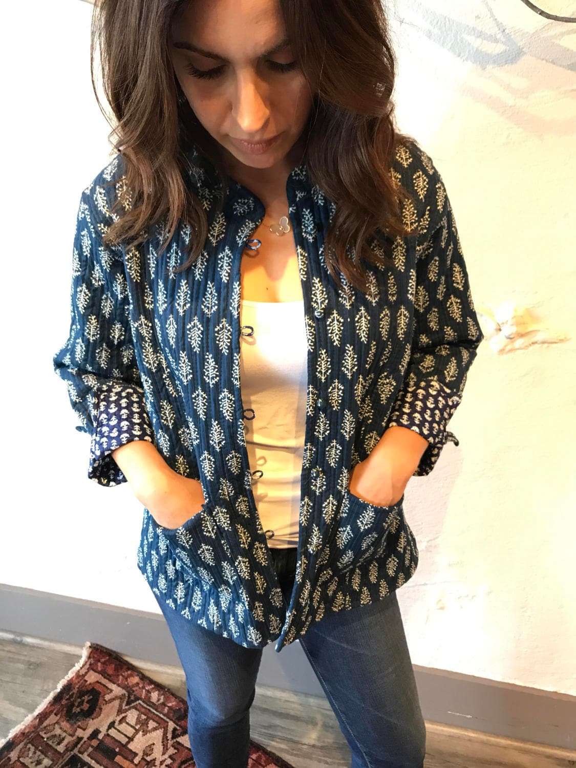 Quilted cotton reversible block print jacket