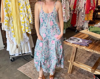 Vintage rose print cotton sundress with pockets in one size